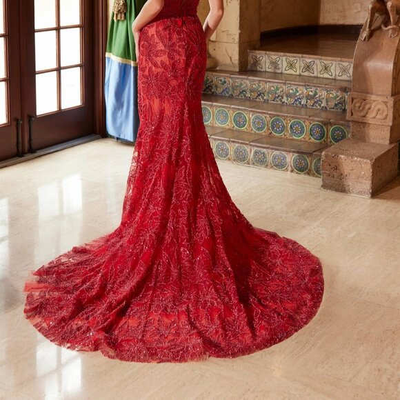 NEW OFF SHOULDER LONG TULLE PROM DRESS W/ BEADS EMBROIDERY & TRAIN NX C1600 - Picture 12 of 12